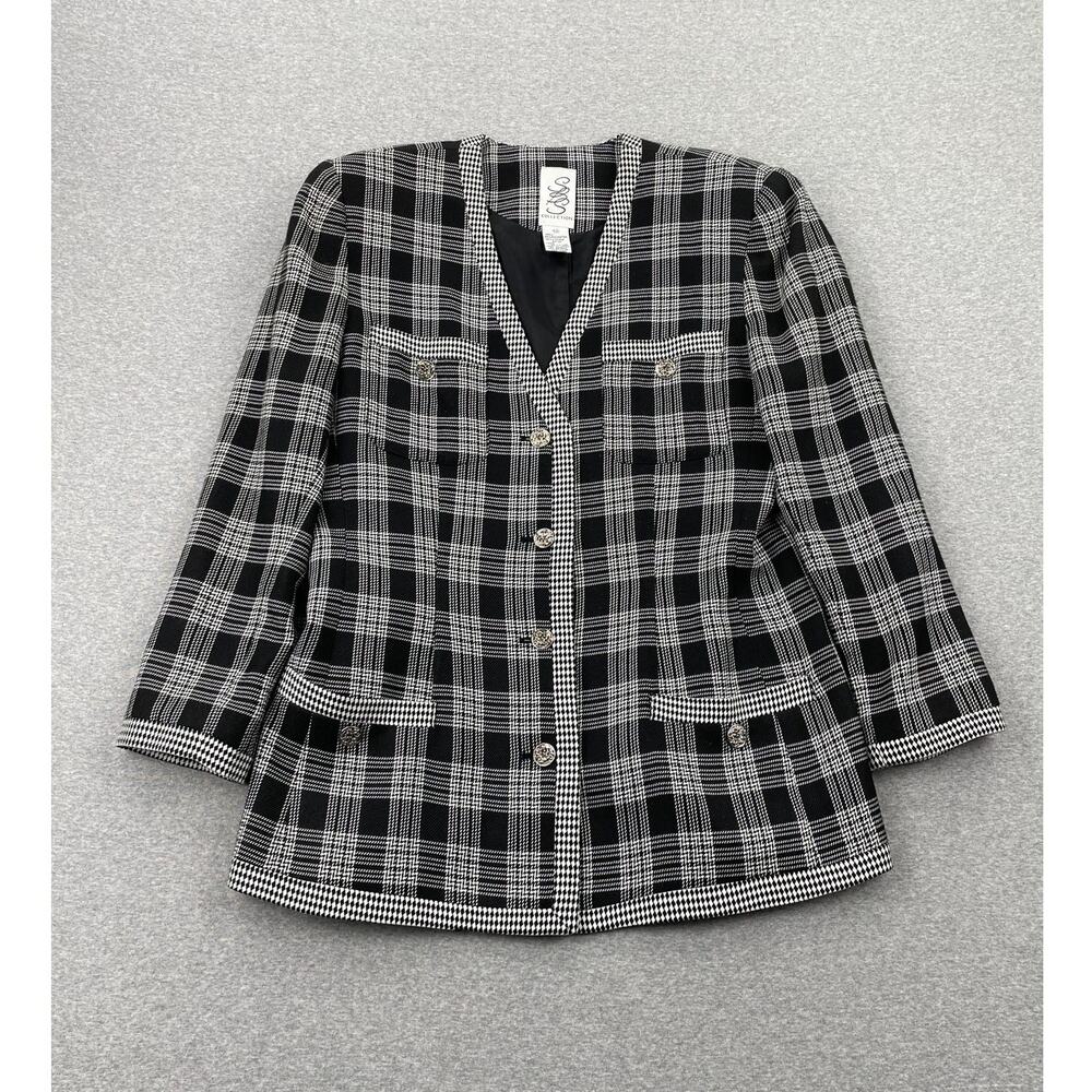 Vintage 90s Plaid Blazer Jacket Womens 12 Black White Classic Preppy Retro